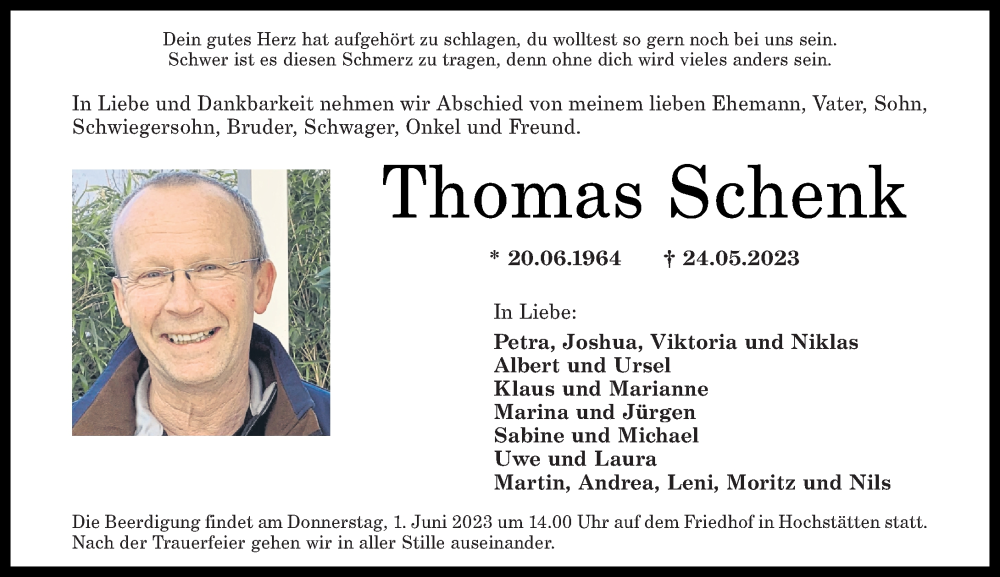  Traueranzeige für Thomas Schenk vom 27.05.2023 aus Oeffentlicher Anzeiger