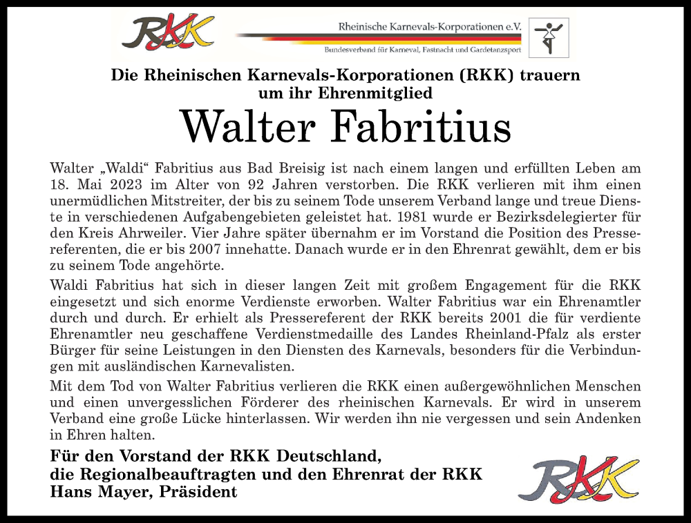  Traueranzeige für Walter Fabritius vom 26.05.2023 aus Rhein-Zeitung