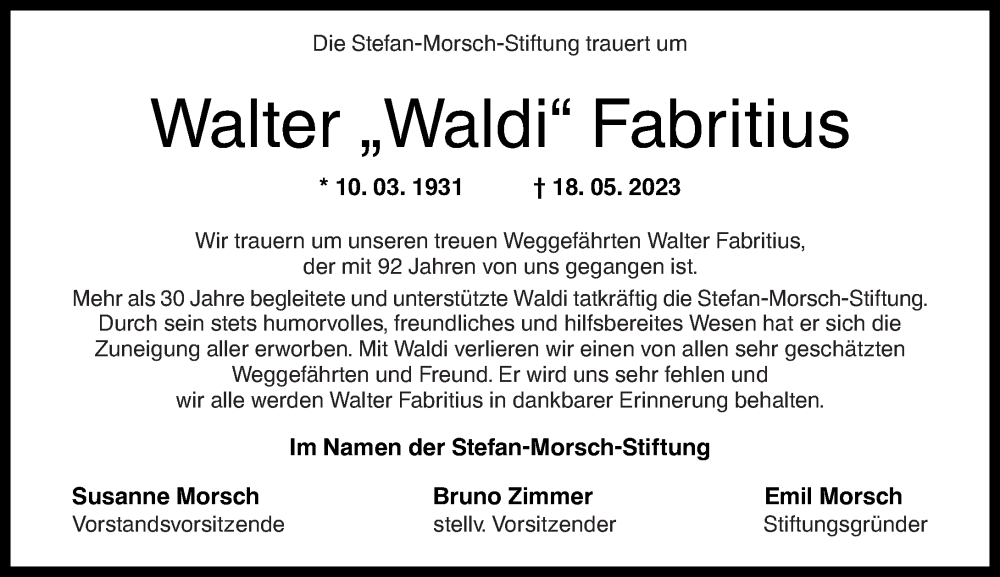  Traueranzeige für Walter Fabritius vom 23.05.2023 aus Nahe-Zeitung, Rhein-Zeitung