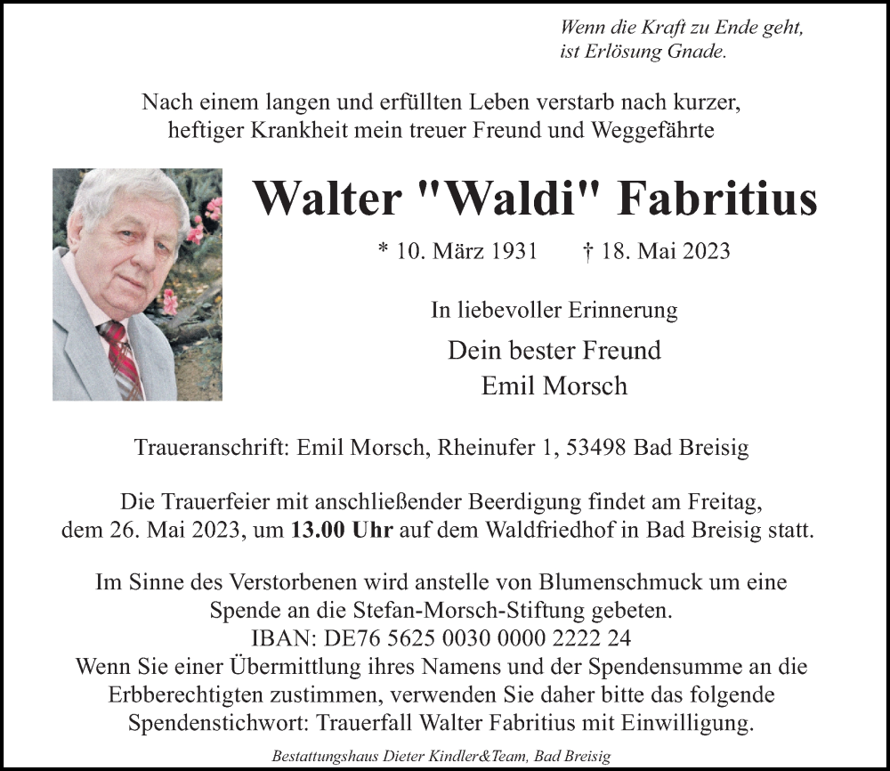  Traueranzeige für Walter Fabritius vom 23.05.2023 aus Rhein-Zeitung