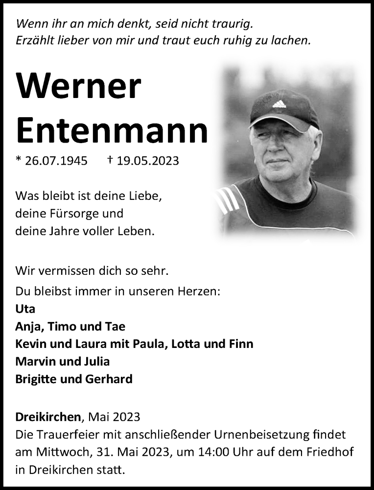  Traueranzeige für Werner Entenmann vom 25.05.2023 aus Rhein-Lahn-Zeitung, Westerwälder Zeitung