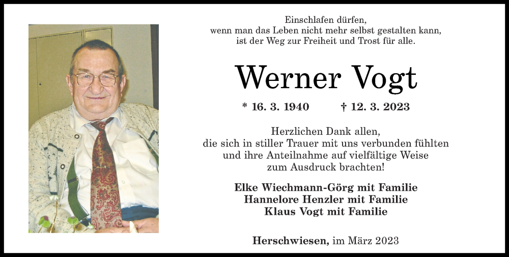  Traueranzeige für Werner Vogt vom 13.05.2023 aus Rhein-Zeitung, Rhein-Hunsrück-Zeitung