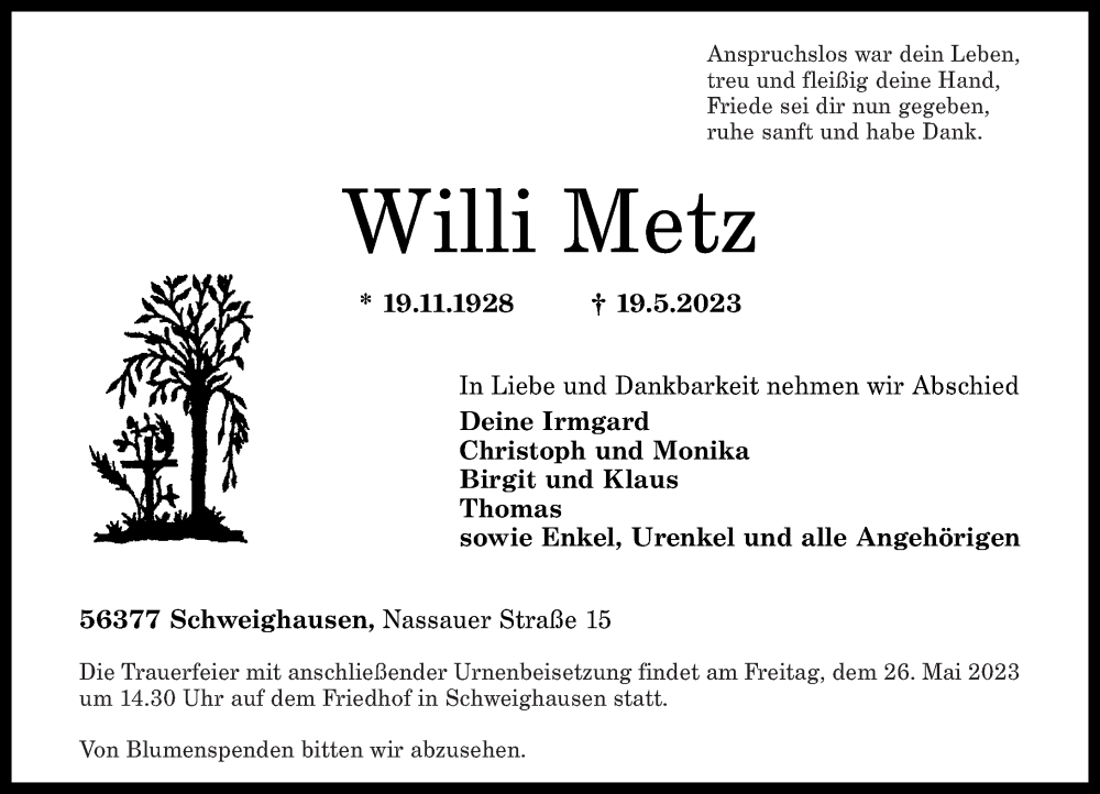  Traueranzeige für Willi Metz vom 23.05.2023 aus Rhein-Lahn-Zeitung