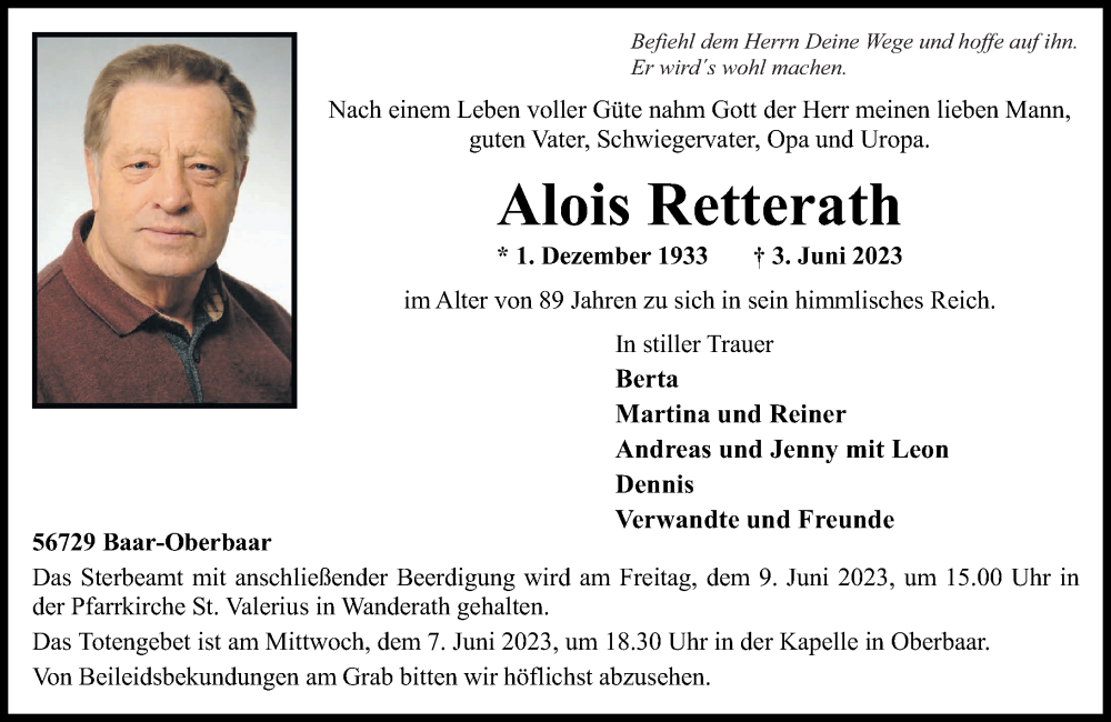  Traueranzeige für Alois Retterath vom 07.06.2023 aus Rhein-Zeitung