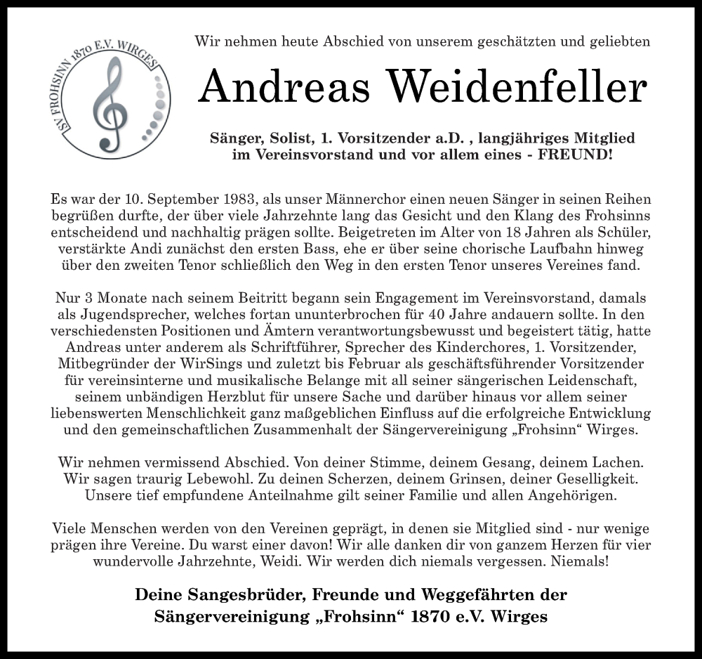  Traueranzeige für Andreas Weidenfeller vom 29.06.2023 aus Westerwälder Zeitung