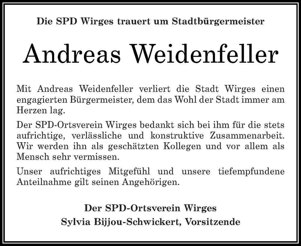  Traueranzeige für Andreas Weidenfeller vom 24.06.2023 aus Westerwälder Zeitung