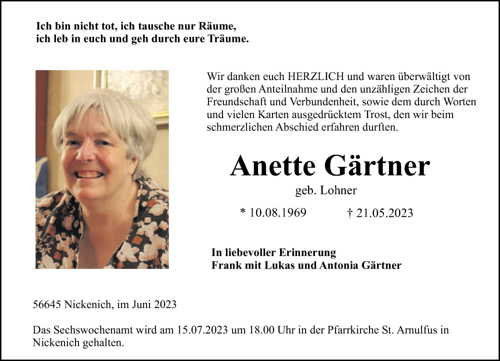  Traueranzeige für Anette Gärtner vom 01.07.2023 aus Rhein-Zeitung
