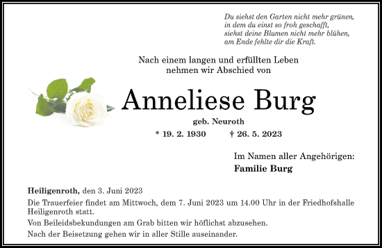 Traueranzeige von Anneliese Burg von Westerwälder Zeitung