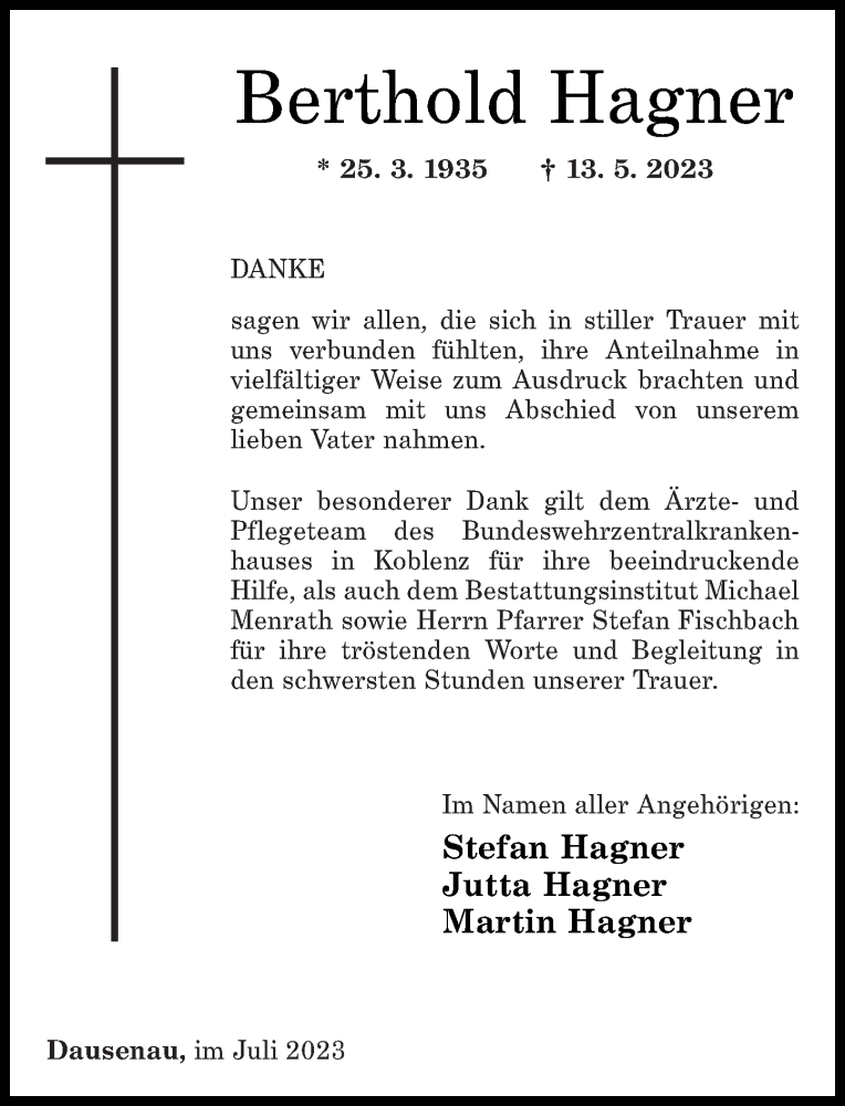  Traueranzeige für Berthold Hagner vom 01.07.2023 aus Rhein-Lahn-Zeitung