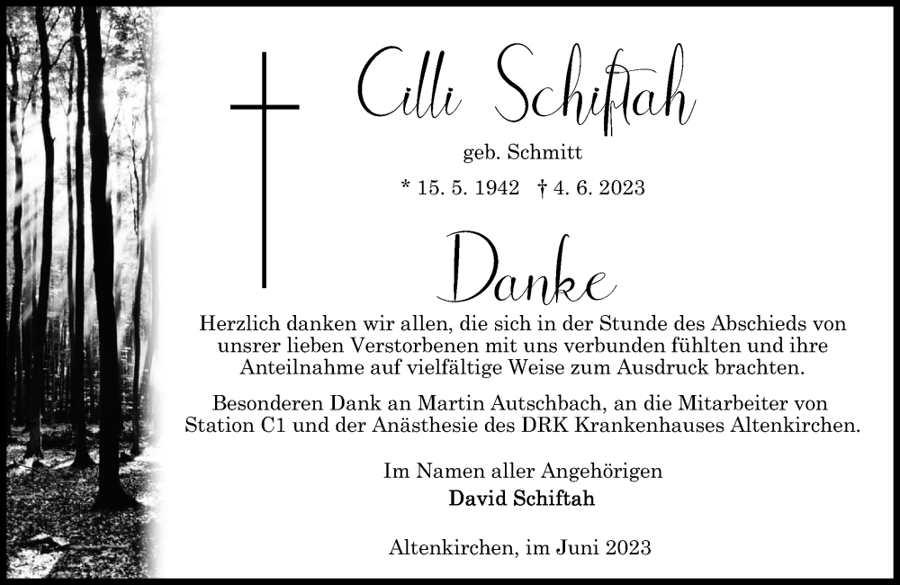 Traueranzeige für Cilli Schiftah vom 24.06.2023 aus Rhein-Zeitung
