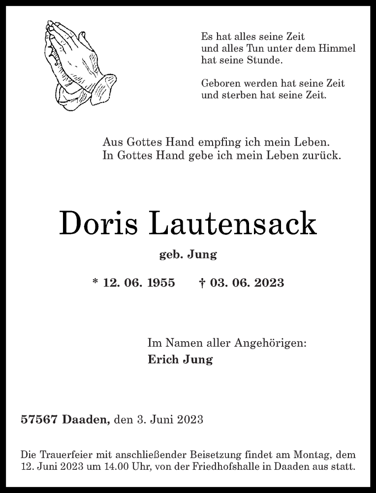  Traueranzeige für Doris Lautensack vom 07.06.2023 aus Rhein-Zeitung