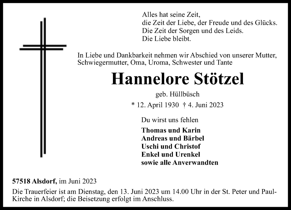  Traueranzeige für Hannelore Stötzel vom 07.06.2023 aus Rhein-Zeitung