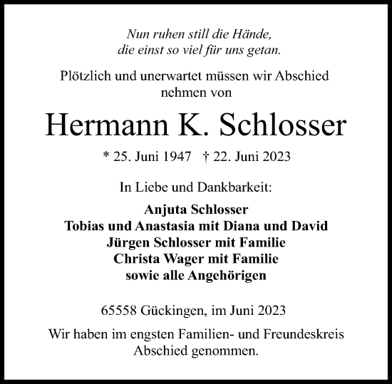 Traueranzeige von Hermann K. Schlosser von Rhein-Lahn-Zeitung