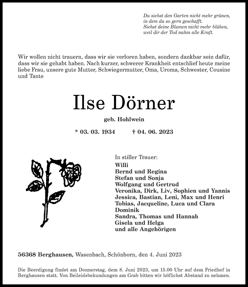  Traueranzeige für Ilse Dörner vom 06.06.2023 aus Rhein-Lahn-Zeitung