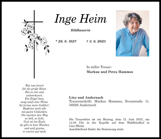Traueranzeige von Inge Heim von Rhein-Zeitung