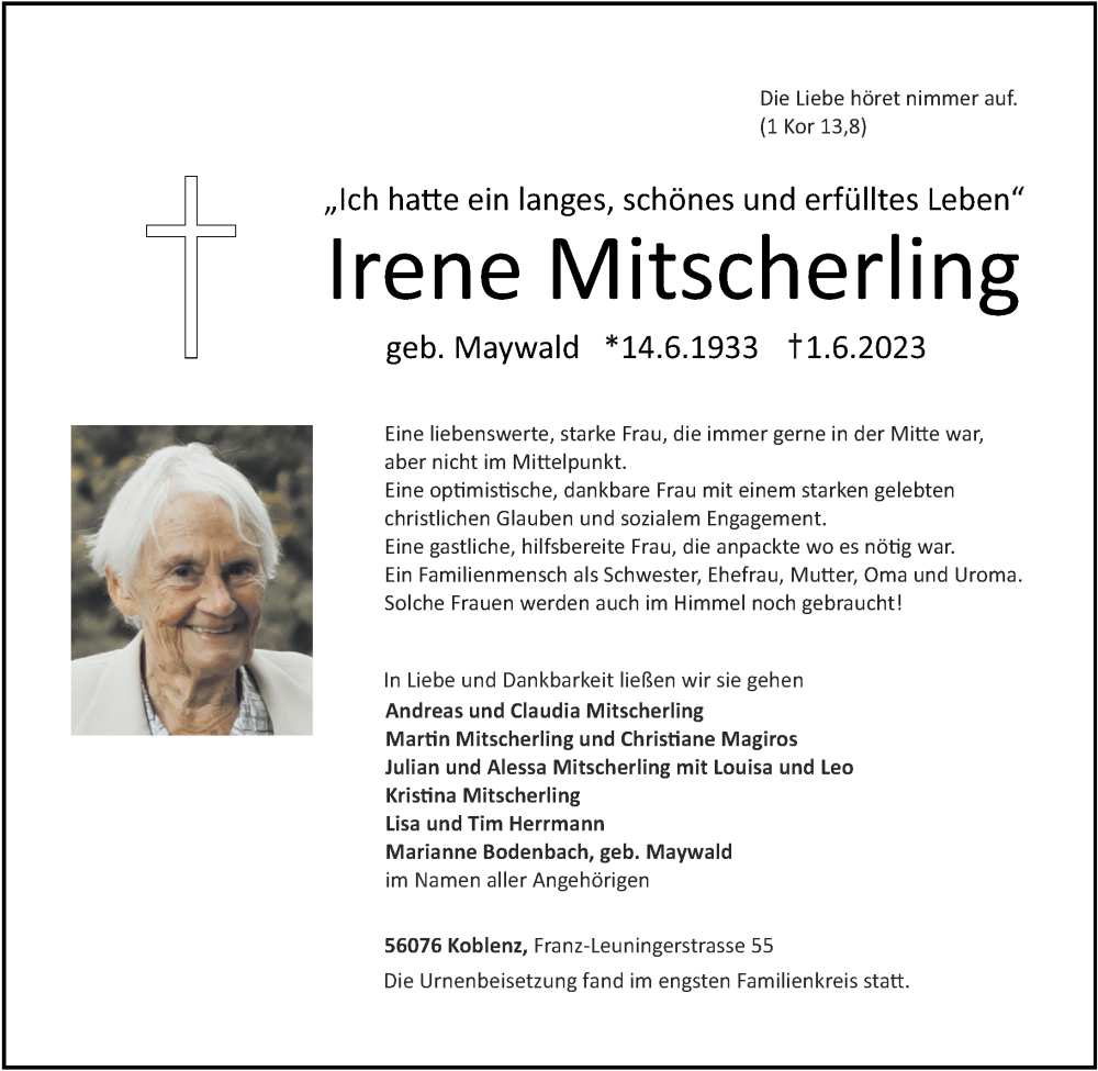 Traueranzeigen von Irene Mitscherling | rz-trauer.de