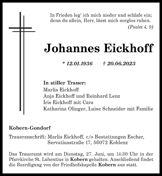 Traueranzeige von Johannes Eickhoff von Rhein-Zeitung