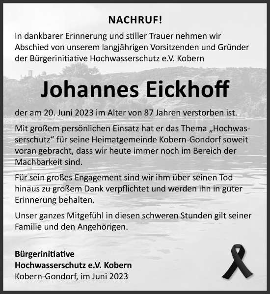 Traueranzeige von Johannes Eickhoff von Rhein-Zeitung