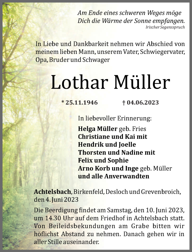  Traueranzeige für Lothar Müller vom 07.06.2023 aus Nahe-Zeitung