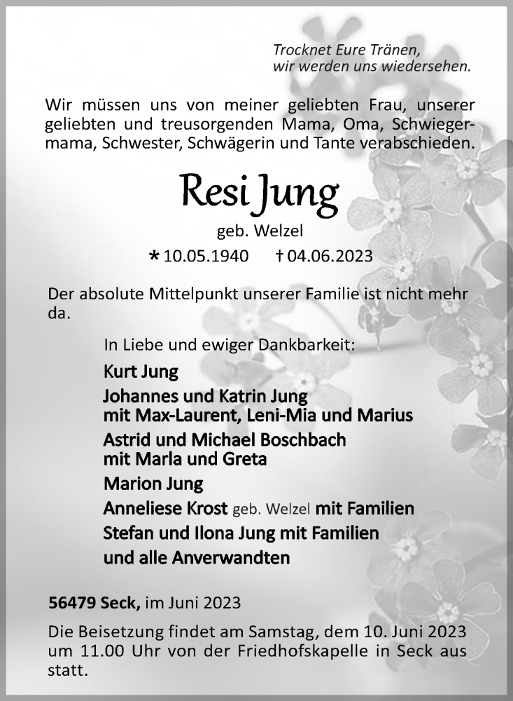  Traueranzeige für Resi Jung vom 07.06.2023 aus Westerwälder Zeitung