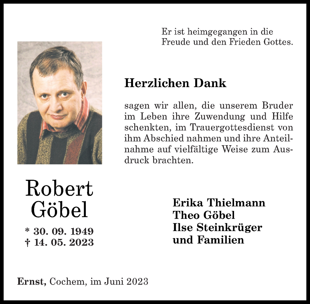  Traueranzeige für Robert Göbel vom 10.06.2023 aus Rhein-Zeitung