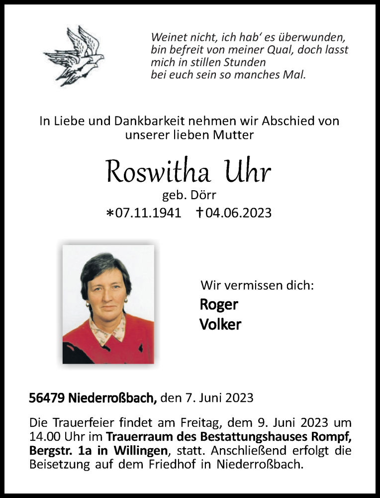  Traueranzeige für Roswitka Uhr vom 07.06.2023 aus Westerwälder Zeitung
