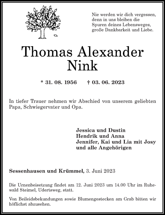 Traueranzeige von Thomas Alexander Nink von Westerwälder Zeitung