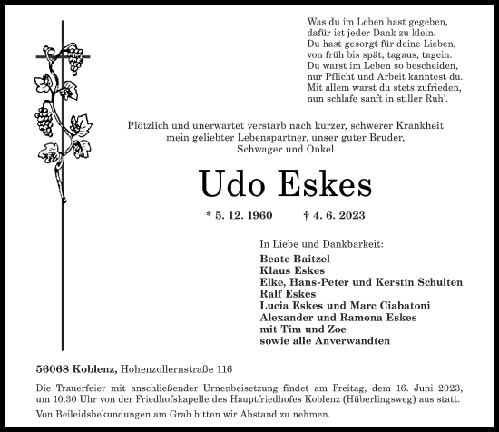 Traueranzeige von Udo Eskes von Rhein-Zeitung