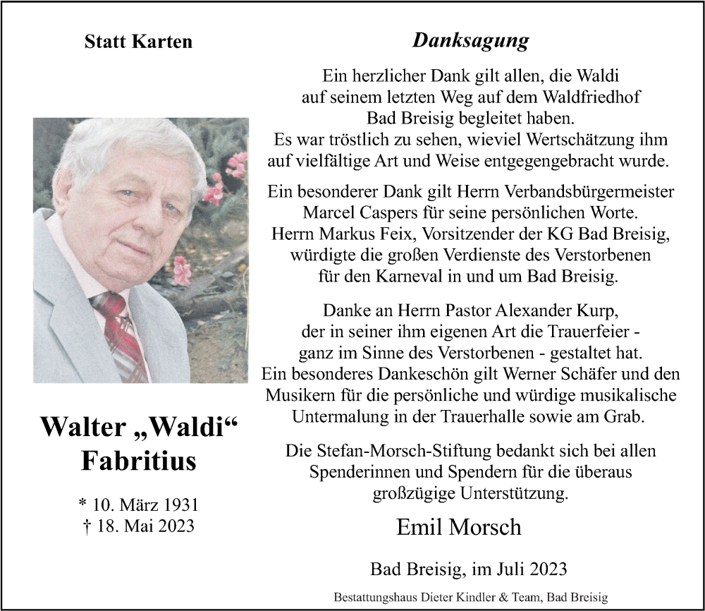  Traueranzeige für Walter Fabritius vom 01.07.2023 aus Rhein-Zeitung
