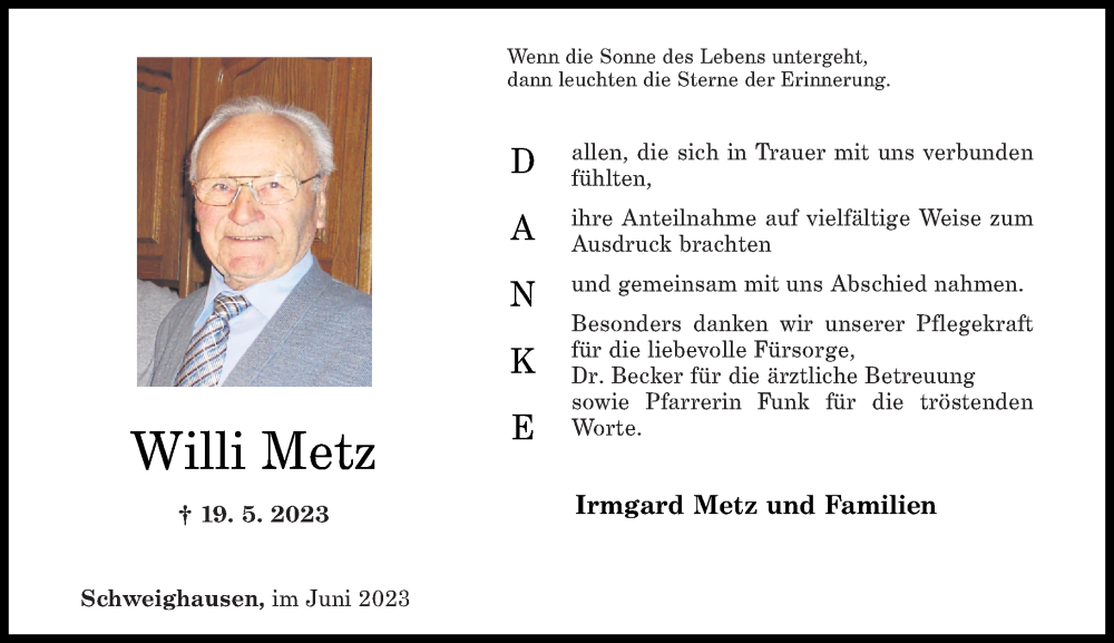  Traueranzeige für Willi Metz vom 17.06.2023 aus Rhein-Lahn-Zeitung