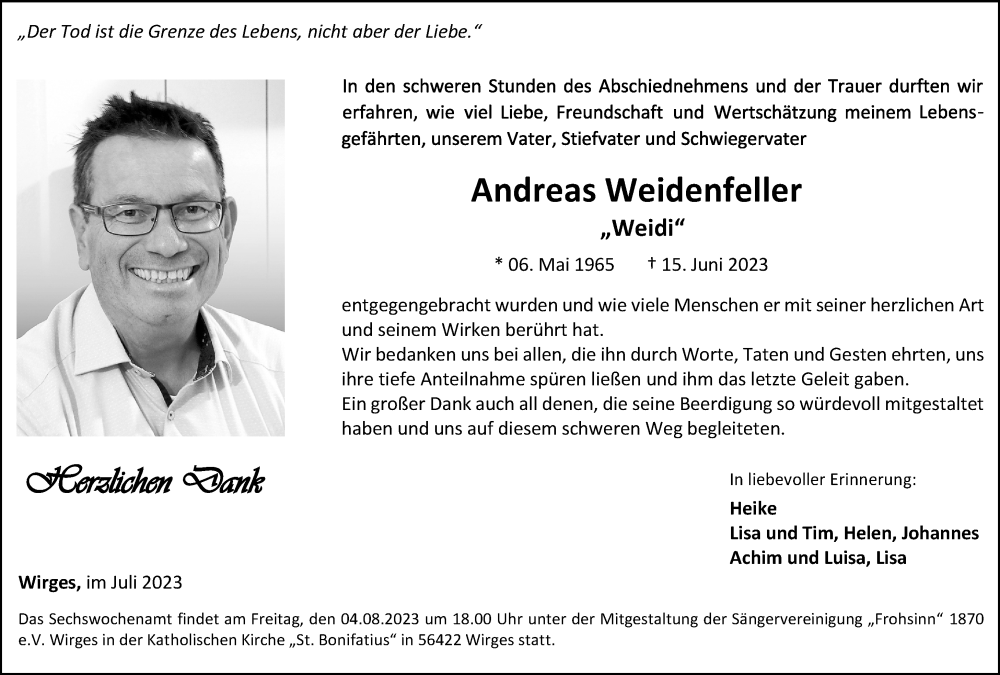  Traueranzeige für Andreas Weidenfeller vom 29.07.2023 aus Westerwälder Zeitung
