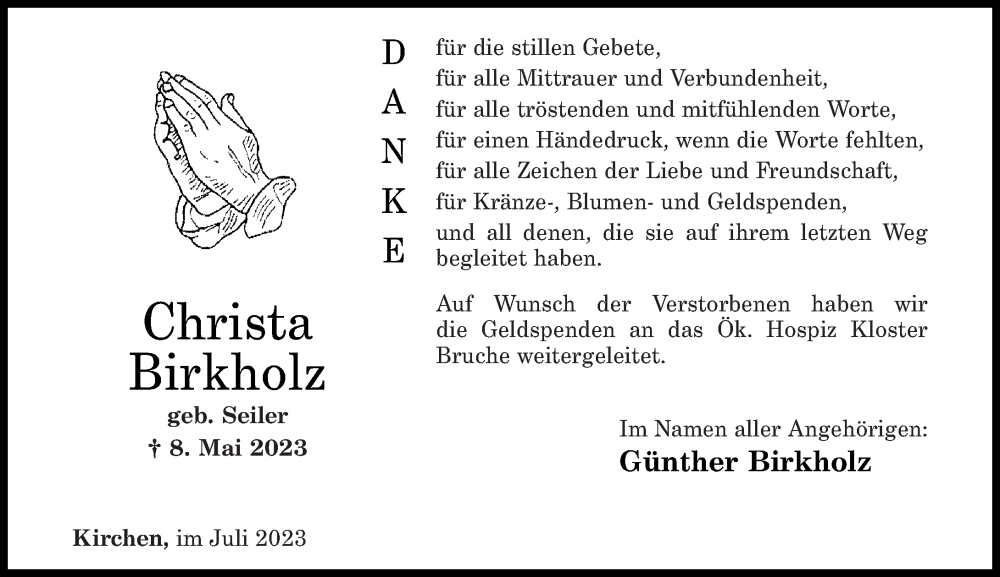  Traueranzeige für Christa Birkholz vom 07.07.2023 aus Rhein-Zeitung