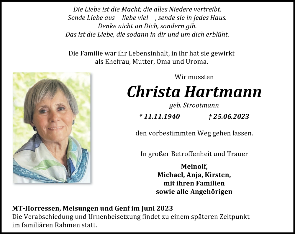 Traueranzeigen von Christa Hartmann | rz-trauer.de