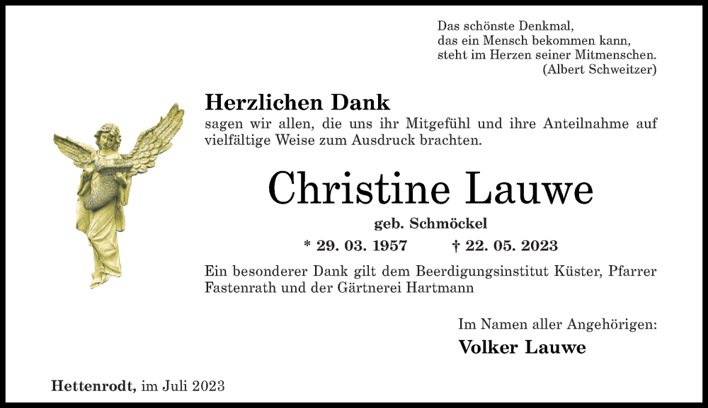  Traueranzeige für Christine Lauwe vom 15.07.2023 aus Nahe-Zeitung