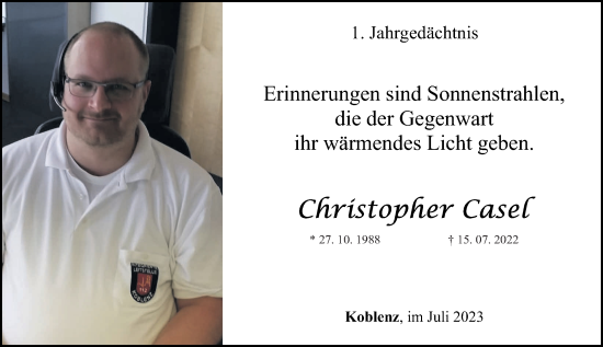 Traueranzeige von Christopher Casel von Rhein-Zeitung