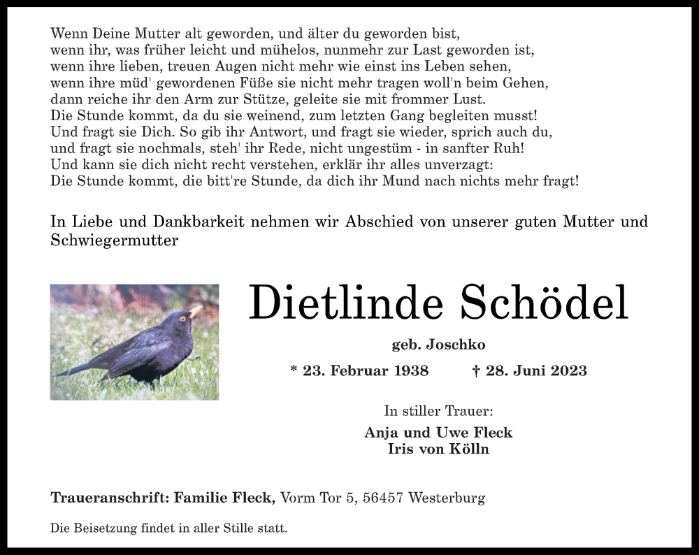  Traueranzeige für Dietlinde Schödel vom 08.07.2023 aus Rhein-Zeitung