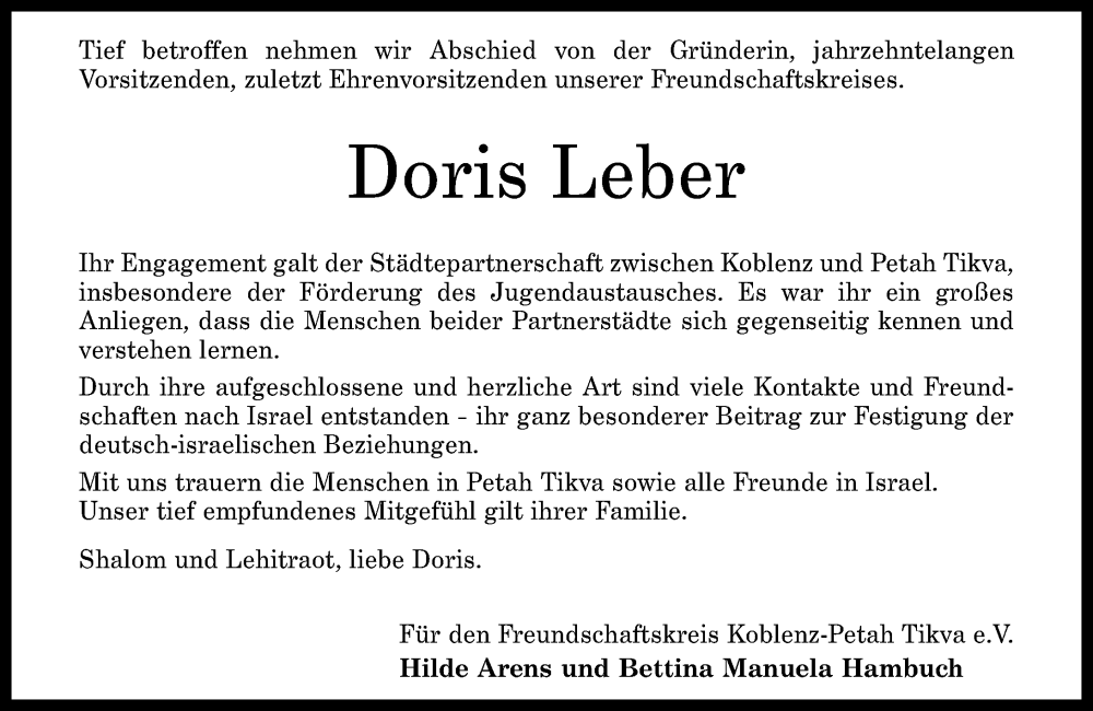  Traueranzeige für Doris Leber vom 19.07.2023 aus Rhein-Zeitung