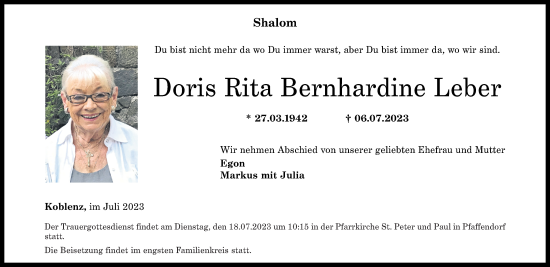 Traueranzeige von Doris Rita Bernhardine Leber von Rhein-Zeitung