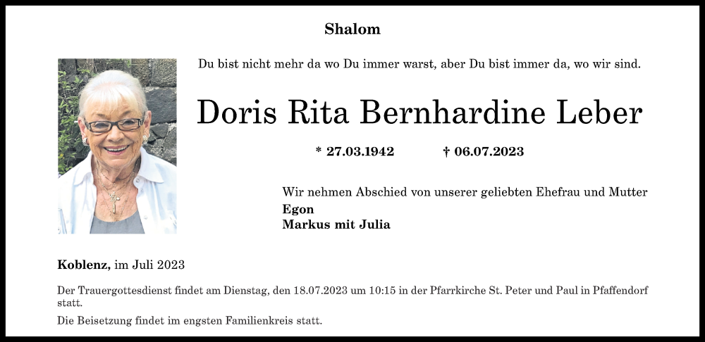 Traueranzeige für Doris Rita Bernhardine Leber vom 15.07.2023 aus Rhein-Zeitung
