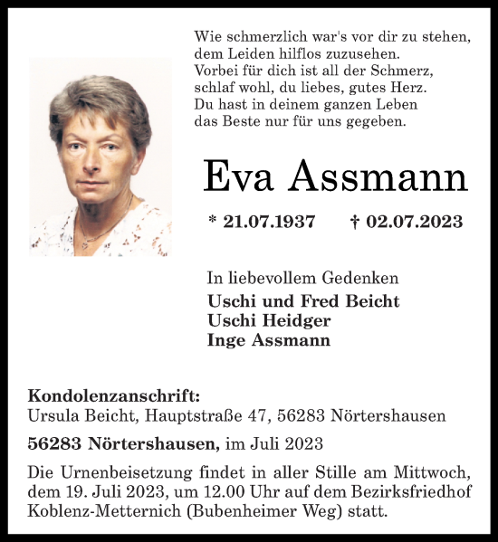 Traueranzeige von Eva Assmann von Rhein-Zeitung