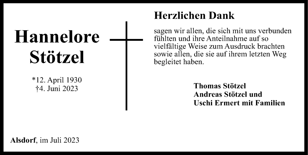  Traueranzeige für Hannelore Stötzel vom 18.07.2023 aus Rhein-Zeitung