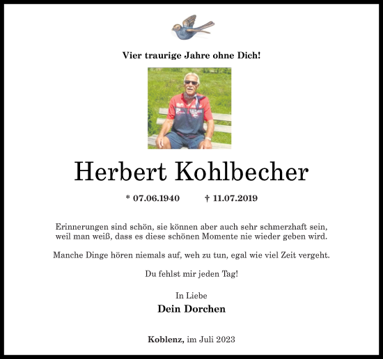 Traueranzeige von Herbert Kohlbecher von Rhein-Zeitung