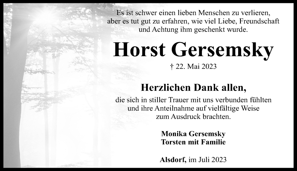  Traueranzeige für Horst Gersemsky vom 29.07.2023 aus Rhein-Zeitung