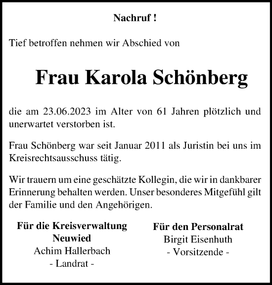 Traueranzeige von Karola Schönberg von Rhein-Zeitung