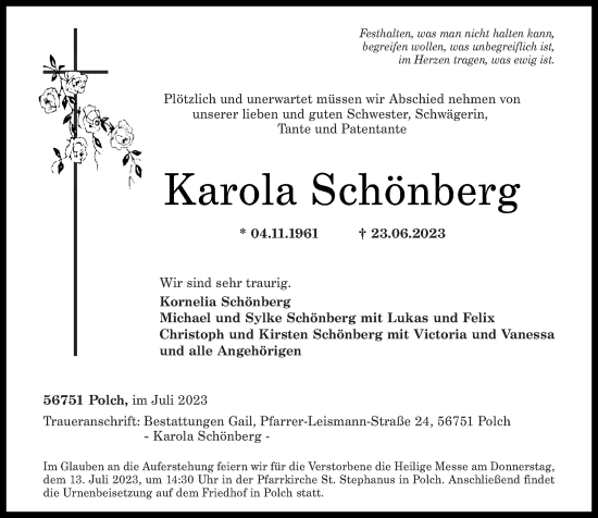 Traueranzeige von Karola Schönberg von Rhein-Zeitung