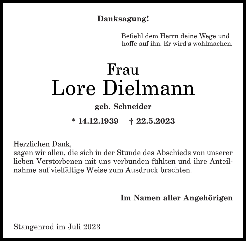  Traueranzeige für Lore Dielmann vom 08.07.2023 aus Westerwälder Zeitung