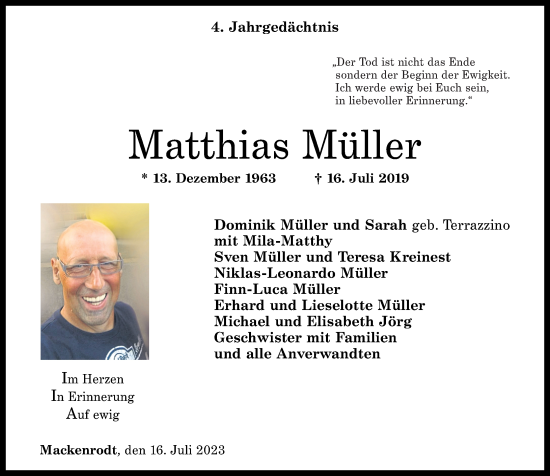Traueranzeige von Matthias Müller von Nahe-Zeitung