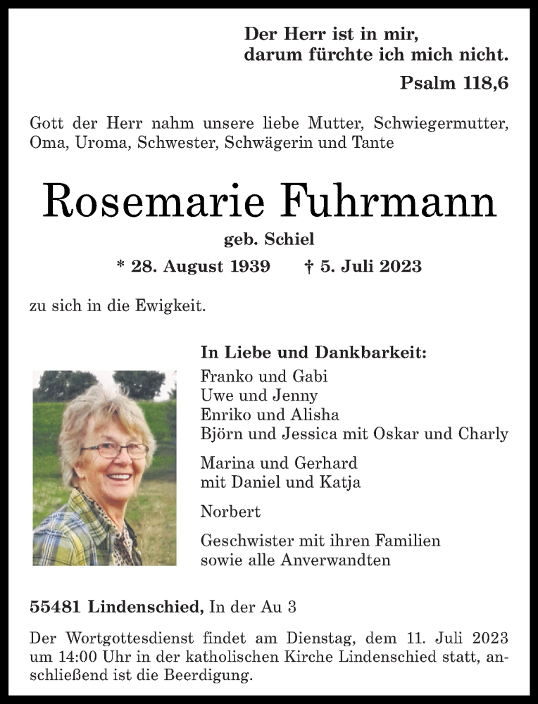 Traueranzeigen Von Rosemarie Fuhrmann Rz Trauer De