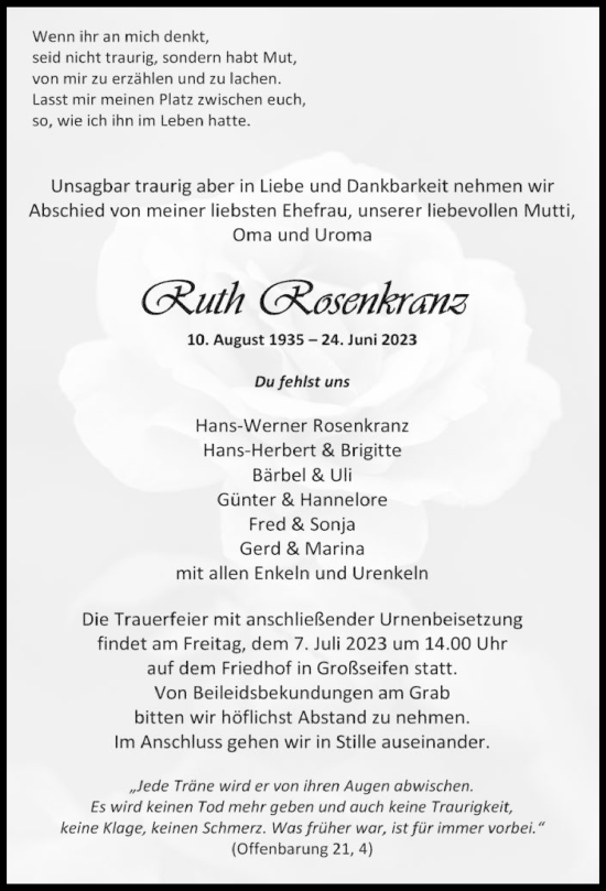Traueranzeige von Ruth Rosenkranz von Westerwälder Zeitung