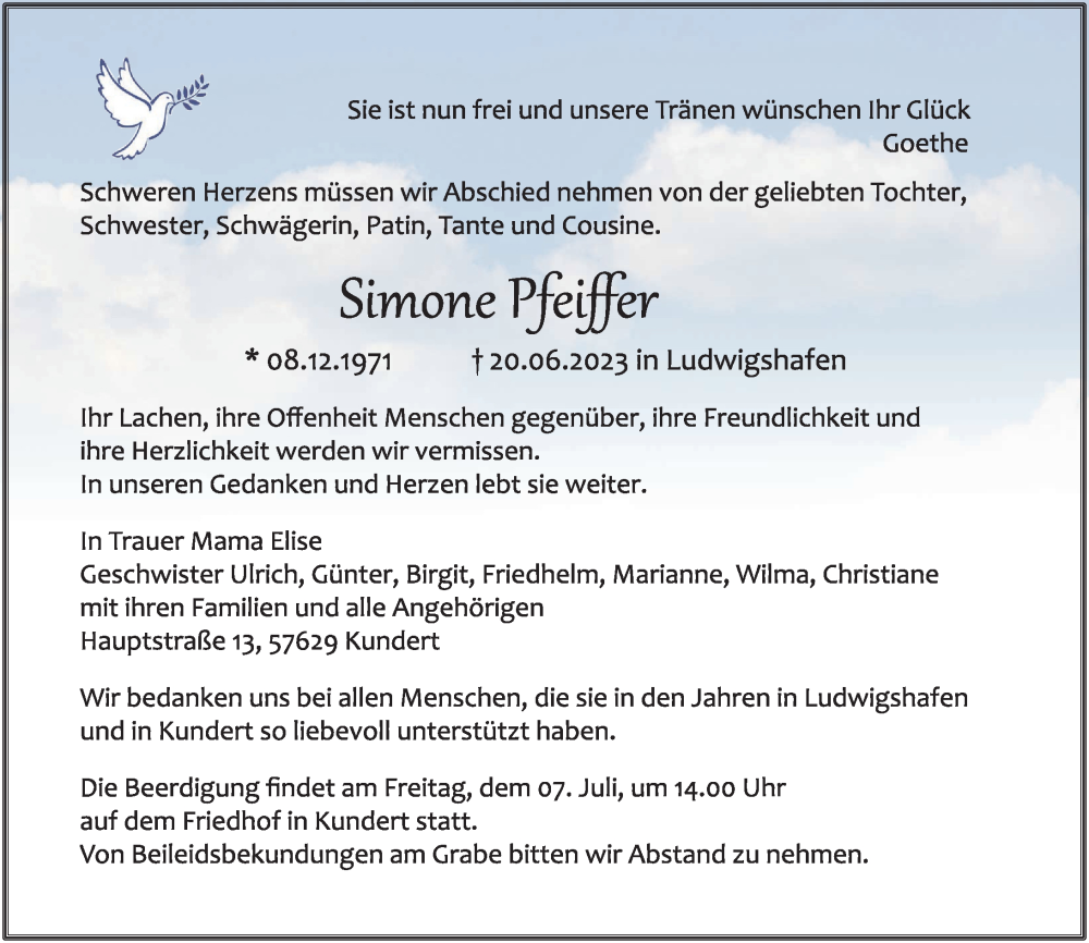  Traueranzeige für Simone Pfeiffer vom 03.07.2023 aus Westerwälder Zeitung, Rhein-Zeitung